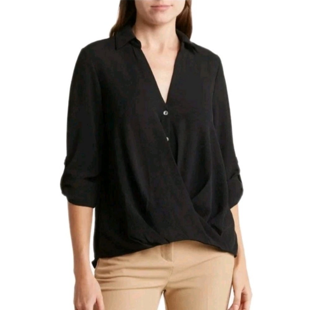NEW STATUS By CHENAULT Women's Surplice Long Sleeve Wrap Top Black XS NWT Chic